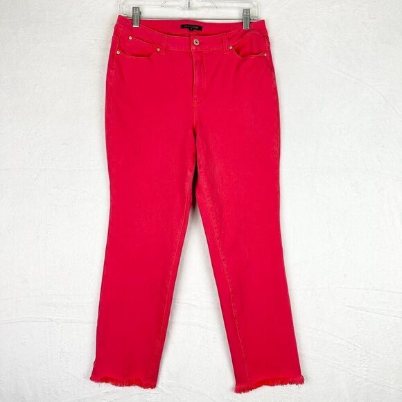 John Mark Straight Leg Ankle Jeans Size 8 Stretch Raw Hem Coral Salmon - Picture 1 of 7